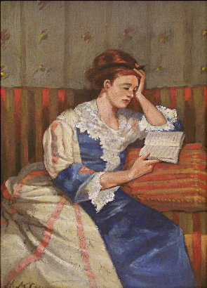 Mrs. Duffee Seated on a Striped Sofa Reading